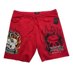 Ed Hardy Mens XL Red Graphic Fleece Shorts Skull Dragon Y2K Tattoo EHM8000